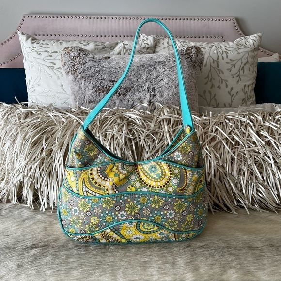 VERA BRADLEY Lemon Parfait Hobo Bag Frill Yellow Turquoise Paisley 2011 Floral - Picture 1 of 12